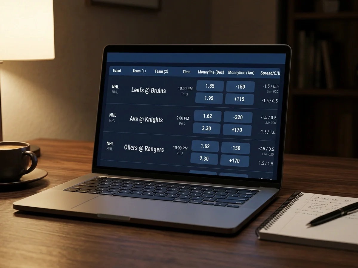 Ecrã de computador com odds NHL em formato decimal e americano